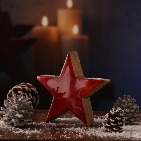 Holzstern - Weihnachtsstern - stehend - einseitig emailliert - Mangoholz - H: 15cm - natur, rot