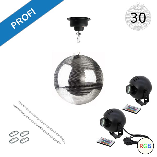 Spiegelkugel Komplettset - Discokugel, Motor, Pinspot, Montagematerial für Diskokugel - Mirrorball Set - Partyset