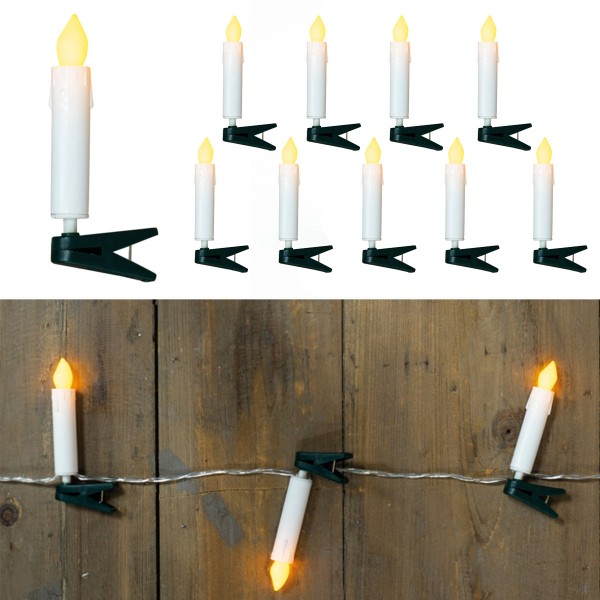 LED Kerzenkette - 10 Miniatur Baumkerzen mit Clip - Batteriebetrieb - gelbes Licht - L: 70cm