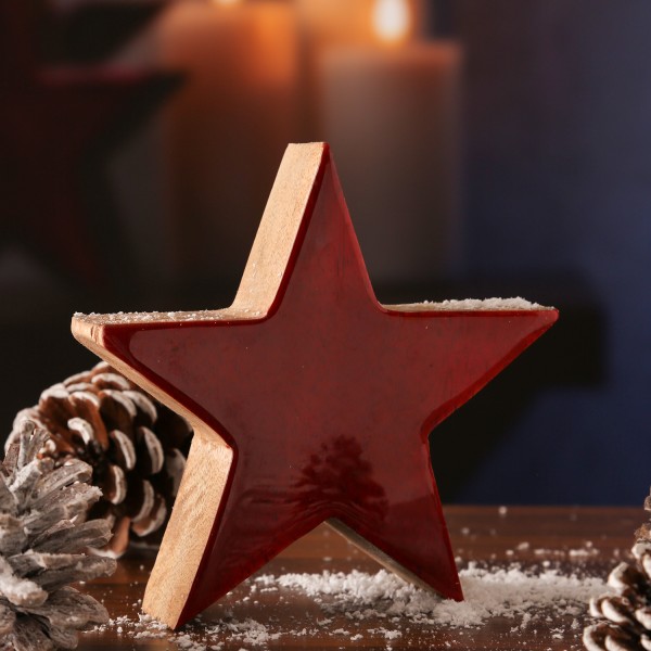 Holzstern - Weihnachtsstern - stehend - einseitig emailliert - Mangoholz - H: 20cm - natur, rot