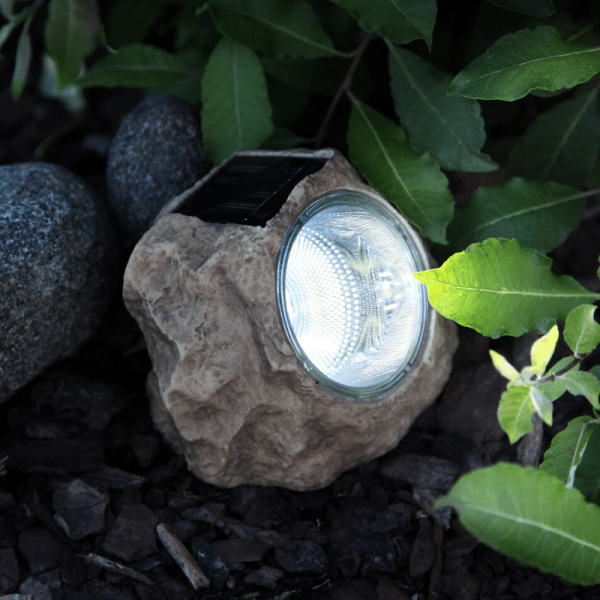 LED Solar Stein "Rocky" - Spot mit kaltweißer LED - Dämmerungssensor - H: 11cm