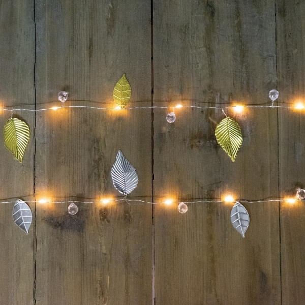 LED Drahtlichterkette mit silbernen Blättern und Perlen - 20 warmweiße LED - Batteriebetrieb - L: