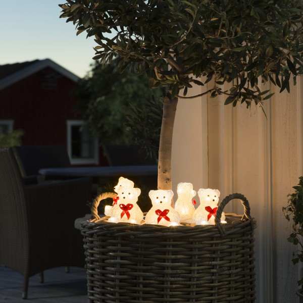 LED Lichterkette Acryl Bären mit Schleife - 5 Leuchtfiguren - 40 warmweiße LED - Trafo - für Außen