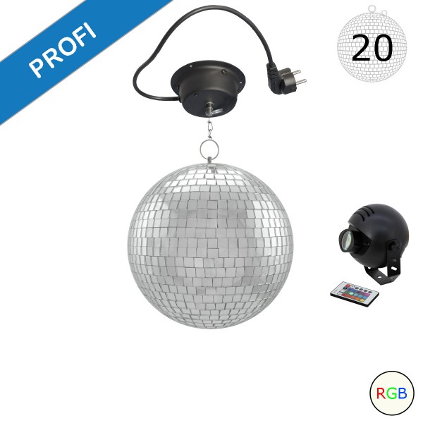 Spiegelkugel Komplettset - Discokugel, Motor, Pinspot, Montagematerial für Diskokugel - Mirrorball Set - Partyset