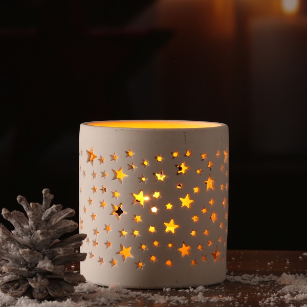 Teelichthalter STERNE - Windlicht - Porzellan - H: 10cm, D: 9,5cm - weiß/gold