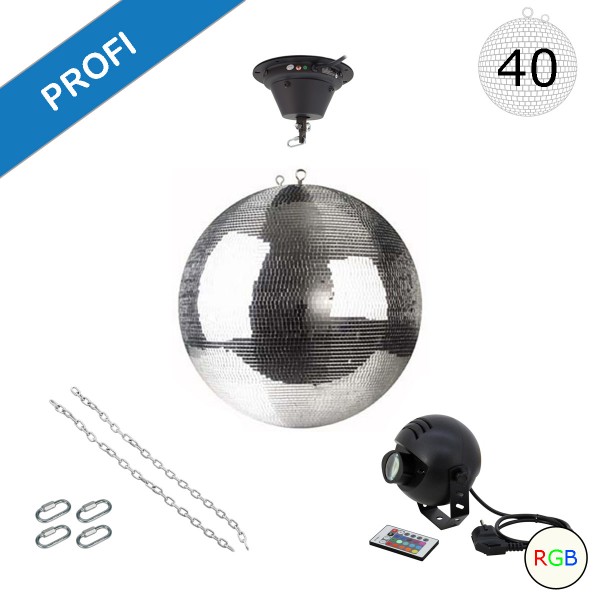 Spiegelkugel Komplettset - Discokugel, Motor, Pinspot, Montagematerial für Diskokugel - Mirrorball Set - Partyset