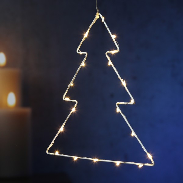 LED Baum - Metall - hängend - 24 warmweiße LED - H: 24cm - Batterie - silberner Draht - weiß
