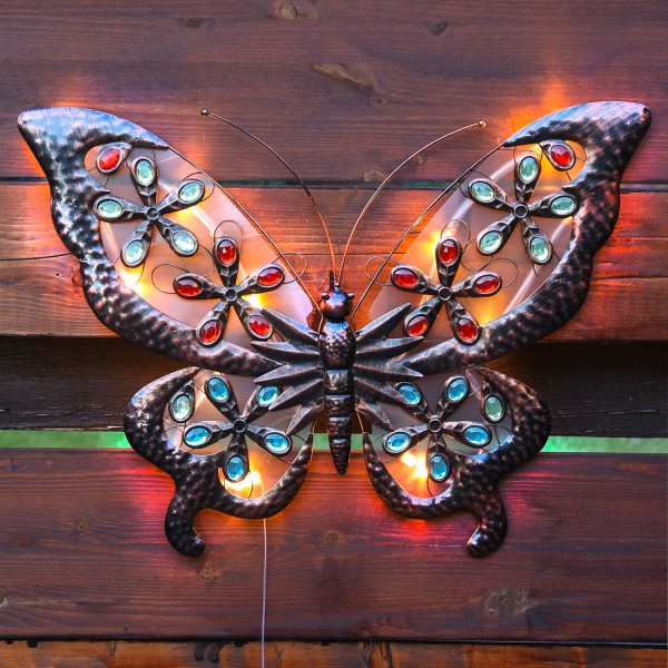 LED Solar Wanddeko Schmetterling - 12 warmweiße LED - H: 50cm - Dämmerungssensor - 2 Funktionen