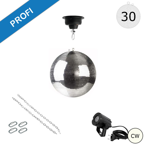 Spiegelkugel Komplettset - Discokugel, Motor, Pinspot, Montagematerial für Diskokugel - Mirrorball Set - Partyset