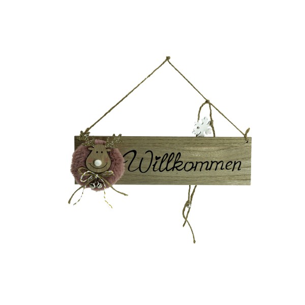 Willkommensschild Rentier mit kleinen Glocken - Türschild - Holz - hängend - L: 28cm - natur, rosa