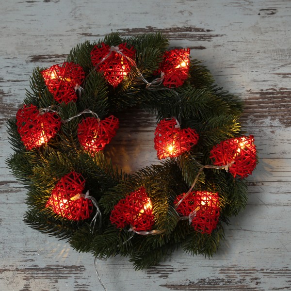 LED Lichterkette HERZ - Rattan - 10 warmweiße LED - L: 1,27m - Batterie - rot