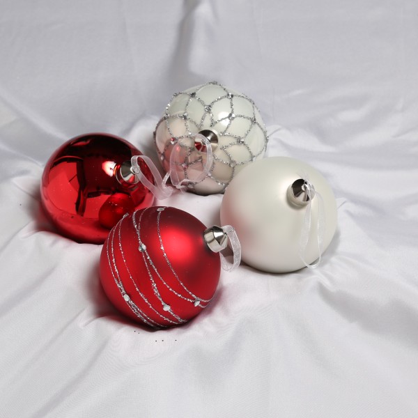 Christbaumkugel - Weihnachtsbaumkugel - Glas - D: 10cm - glänzend und matt - rot, weiß - 4er Set