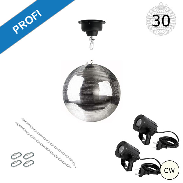 Spiegelkugel Komplettset - Discokugel, Motor, Pinspot, Montagematerial für Diskokugel - Mirrorball Set - Partyset