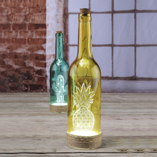 Farbige Glasflasche "Ananas" mit LED - Seil - Deko - am Flaschenboden mit 4 LED