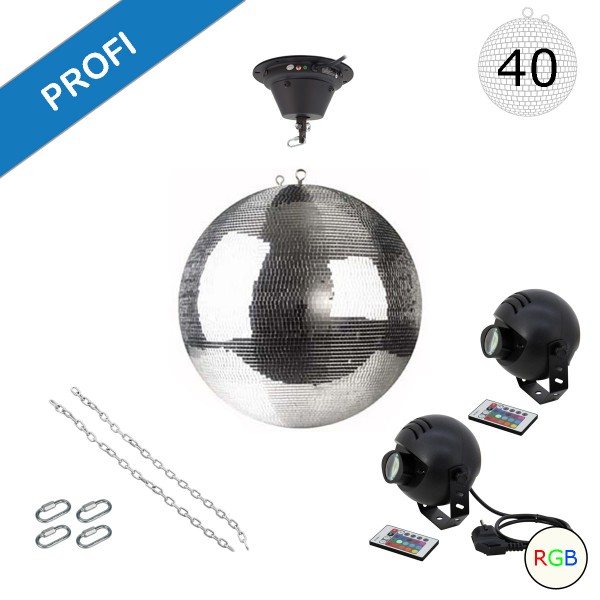 Spiegelkugel Komplettset - Discokugel, Motor, Pinspot, Montagematerial für Diskokugel - Mirrorball Set - Partyset