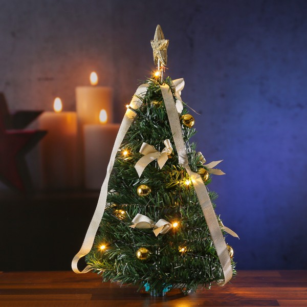 LED Weihnachtsbaum - dekoriert - stehend - 10 warmweiße LED - H: 50,5cm - Batterie - grün/gold