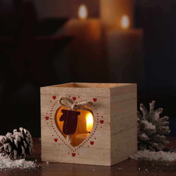 Teelichthalter HANDSCHUH IM HERZ - Windlicht - Holz - mit Glaseinsatz - H: 9cm - natur, rot